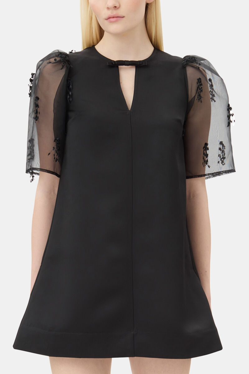 Black Fringed Organza Mini Dress, Recycled Polyester, in colour Black - 2 - GANNI