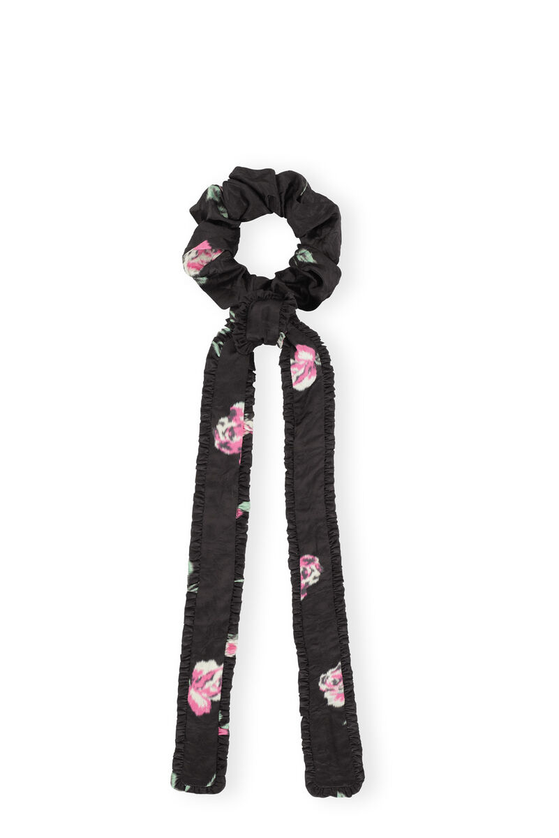 Crinkled Satin Frill Bow Scrunchie, in colour Black - 1 - GANNI