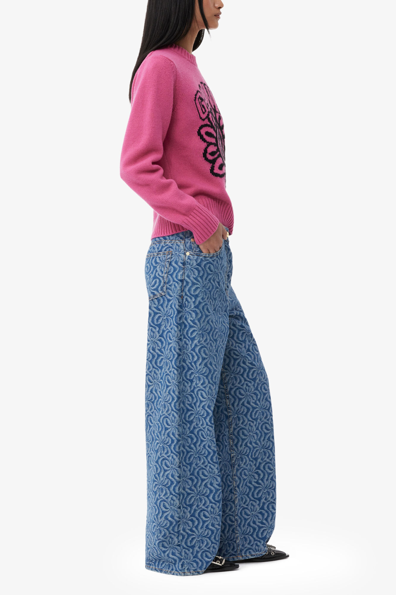Pink Flower Graphic O-neck Pullover, Wool, in colour Cone Flower - 3 - GANNI