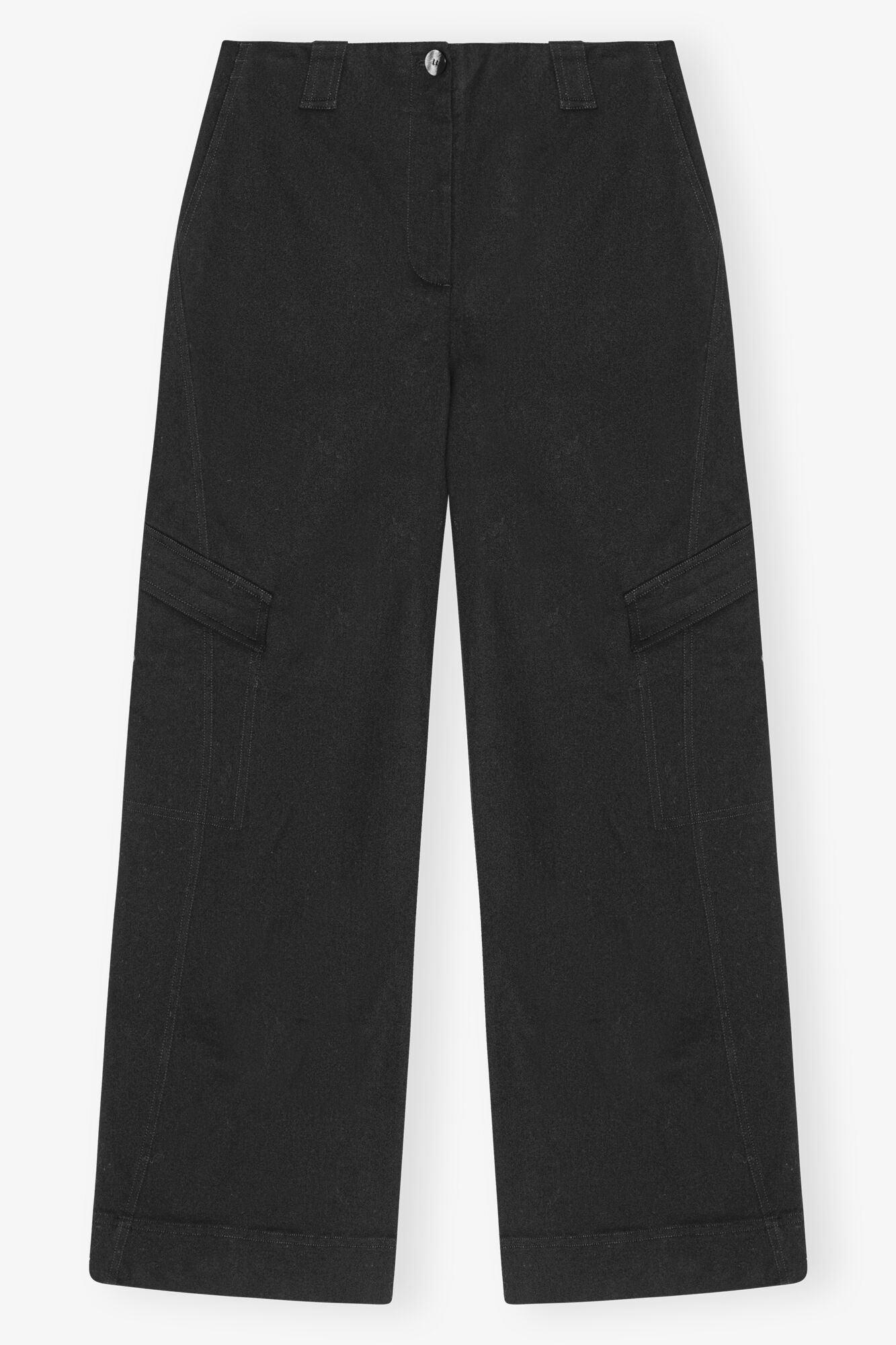 Black Herringbone Canvas Mid Waist Trousers, Elastane, in colour Black - 1 - GANNI