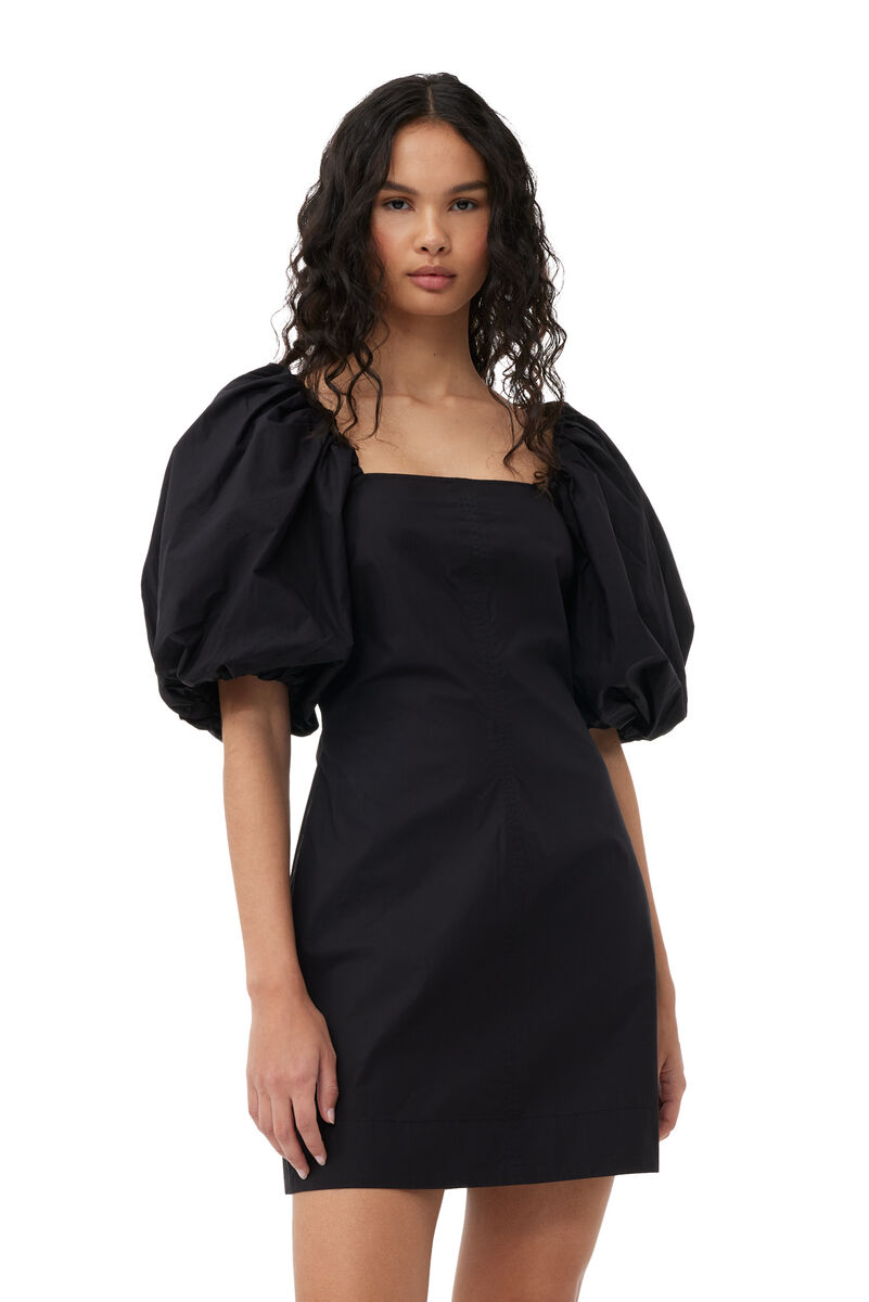 Black Cotton Poplin Puff Sleeve Mini Dress, Cotton, in colour Black - 4 - GANNI
