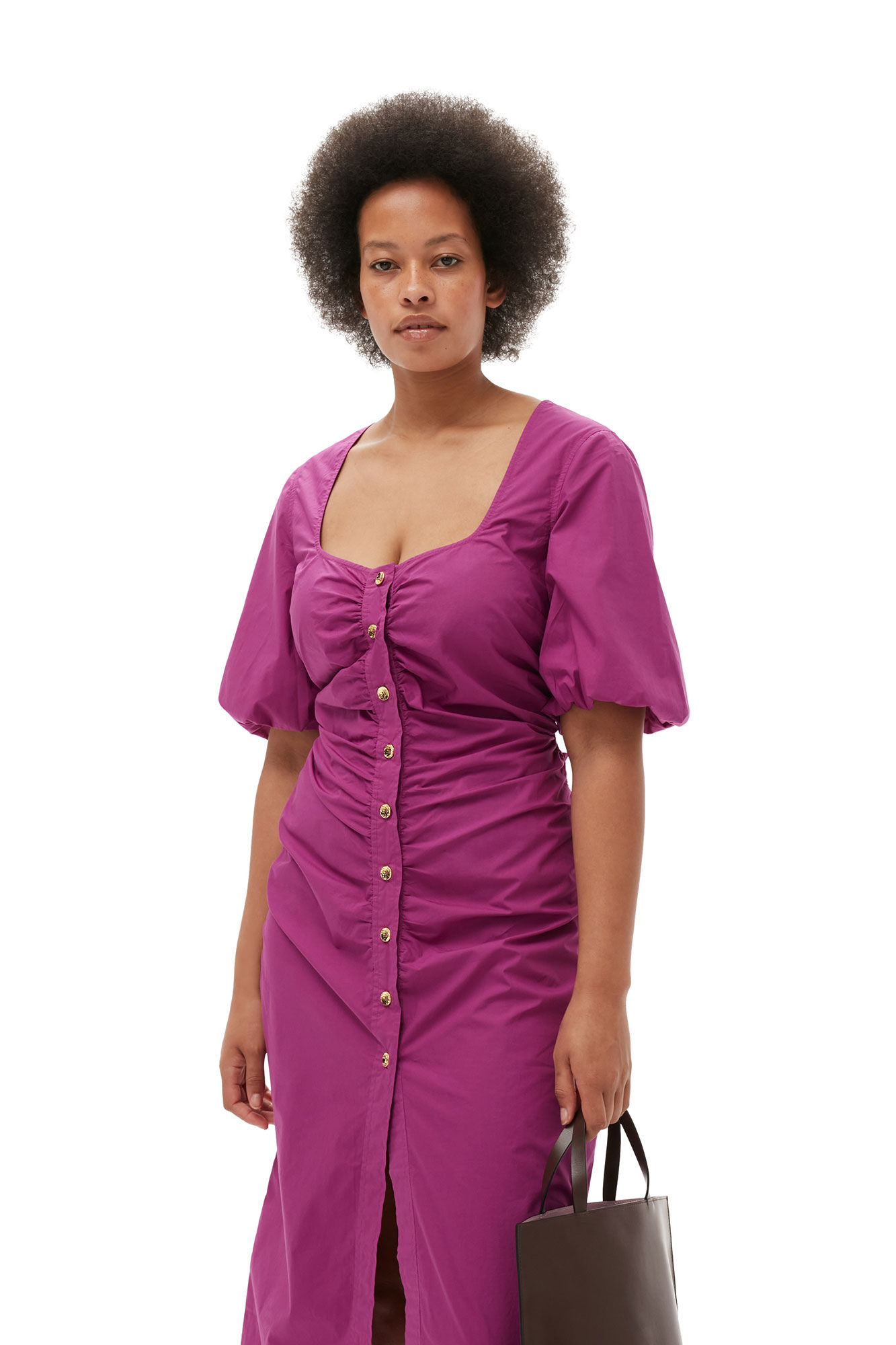 Cotton Poplin Gathered Open-neck Maxikjole, Cotton, in colour Purple Wine - 7 - GANNI