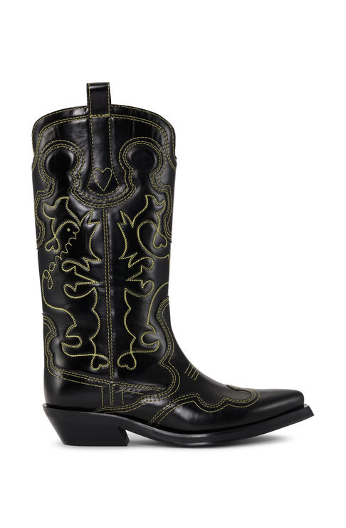Shop Ganni /yellow Mid Shaft Embroidered Western Boots In Black