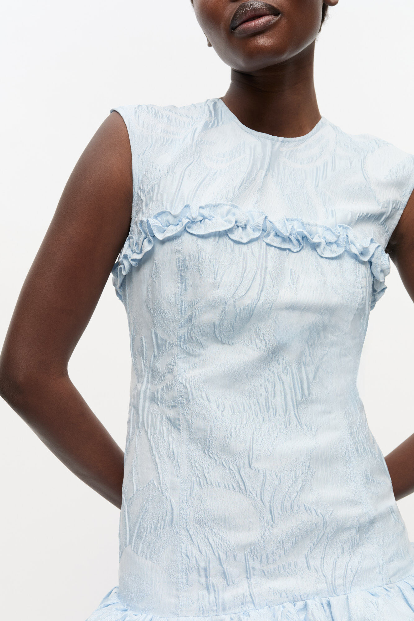 Blue Textured Cloque Corset Mini Dress, Recycled Polyester, in colour Soft Chambray - 4 - GANNI