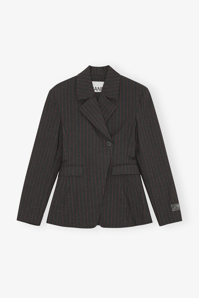 Black Pinstripe Blazer, Elastane, in colour Phantom - 1 - GANNI
