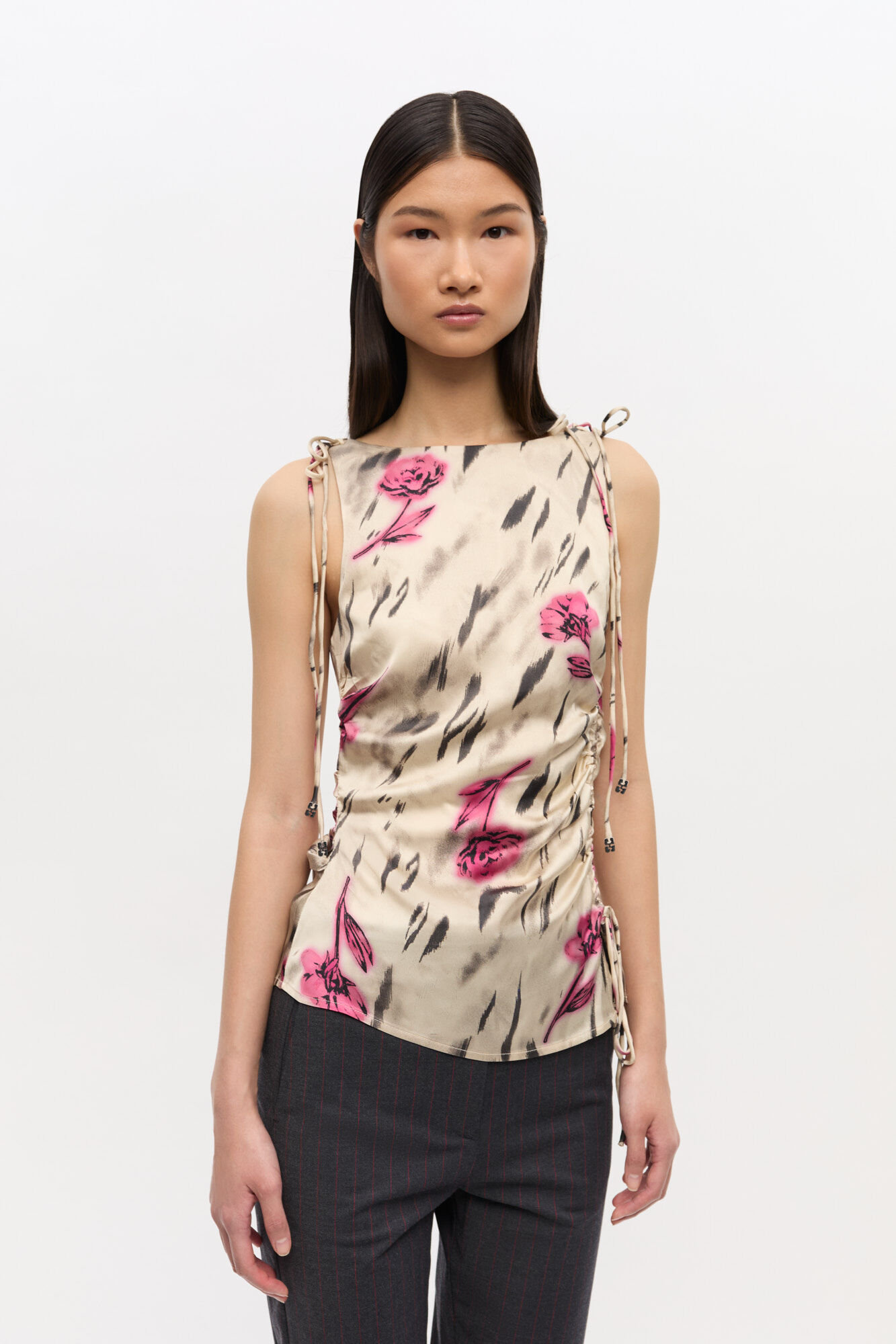 Floral Satin Top, Elastane, in colour Egret - 1 - GANNI