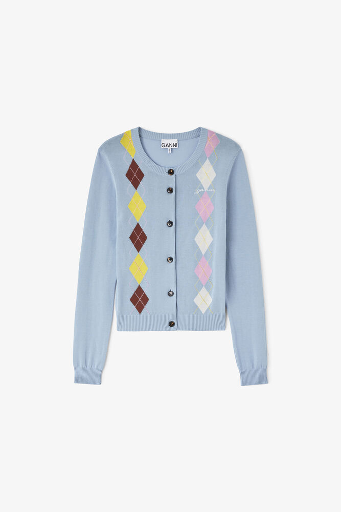 Cardigan in Argyle, Soft Chambray