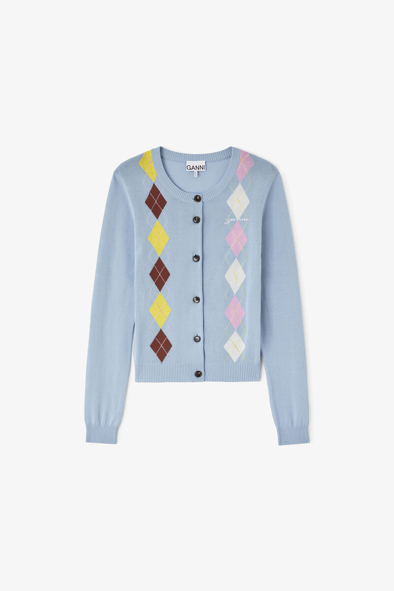 Cardigan in Argyle, Organic Cotton, in colour Soft Chambray - 1 - GANNI