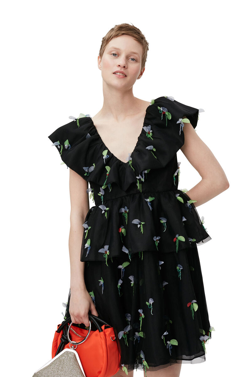 Embellished Mesh Mini Dress, in colour Black - 2 - GANNI
