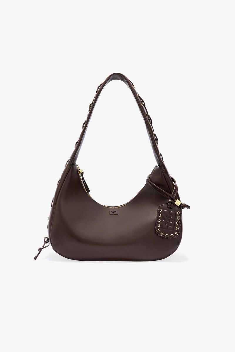 Brun medium hoboväska med snörning, Polyester, in colour Chocolate Torte - 1 - GANNI