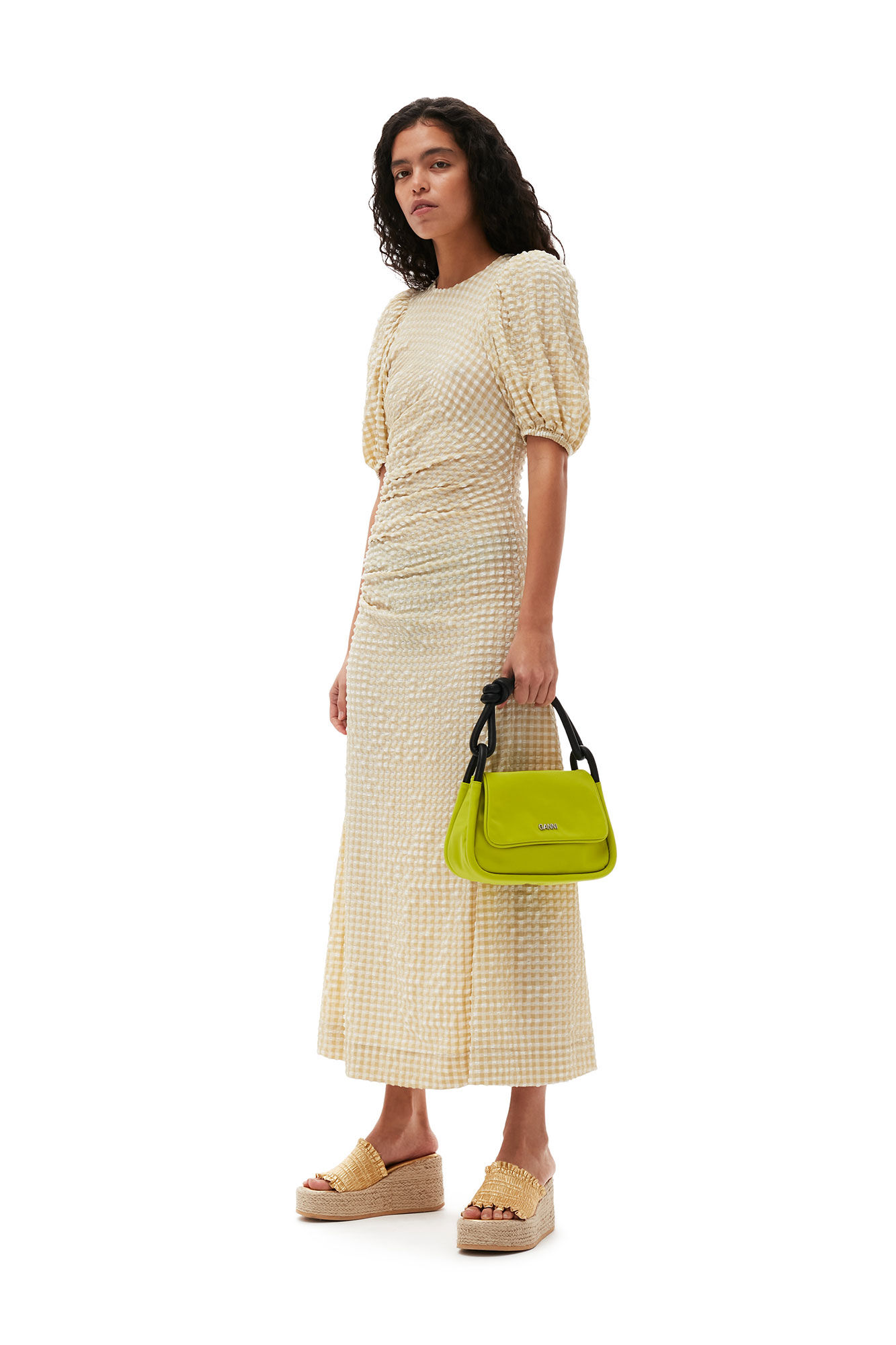 Ganni Seersucker Puff Sleeves Dress