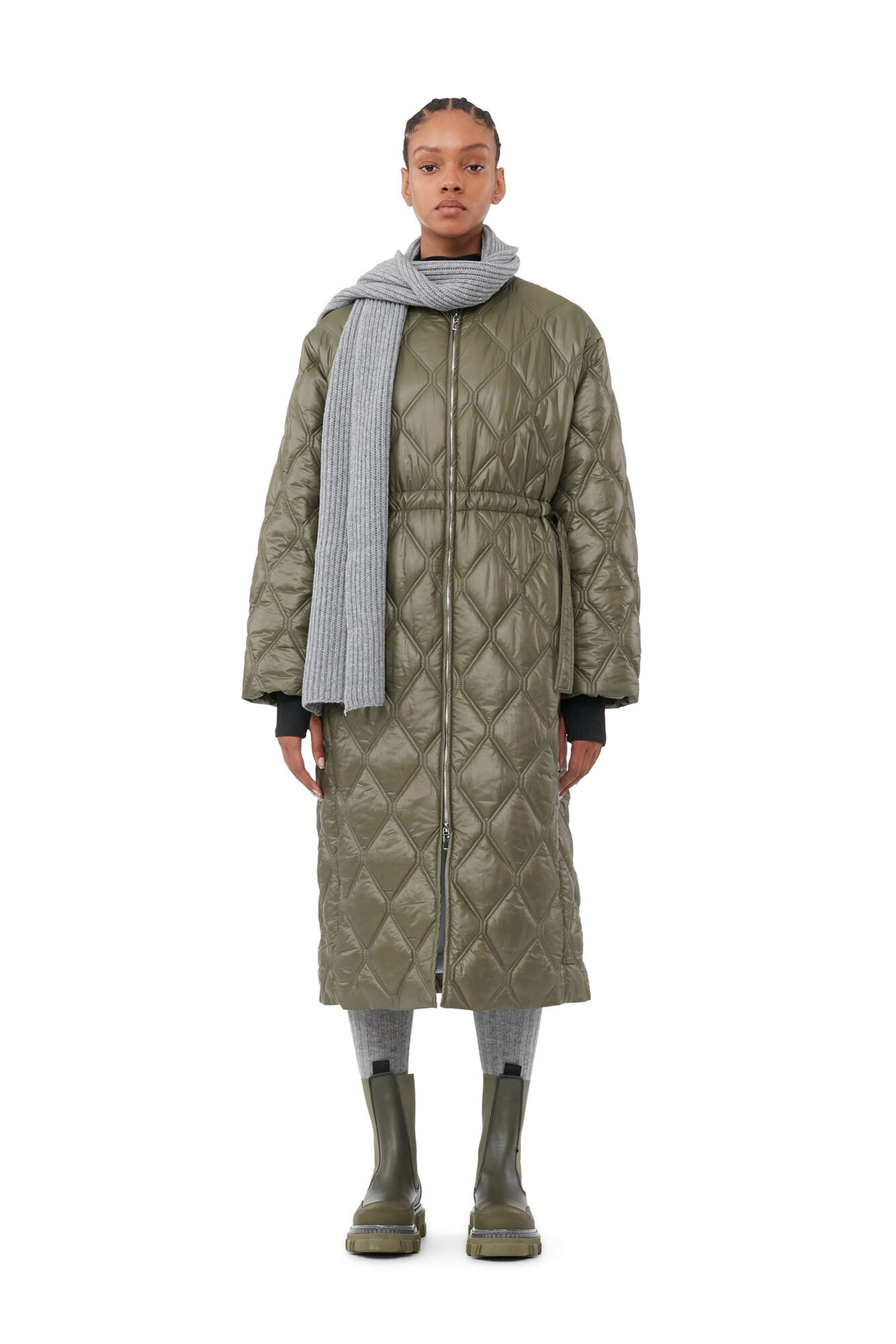 Ganni Green Shiny Quilt Long Coat