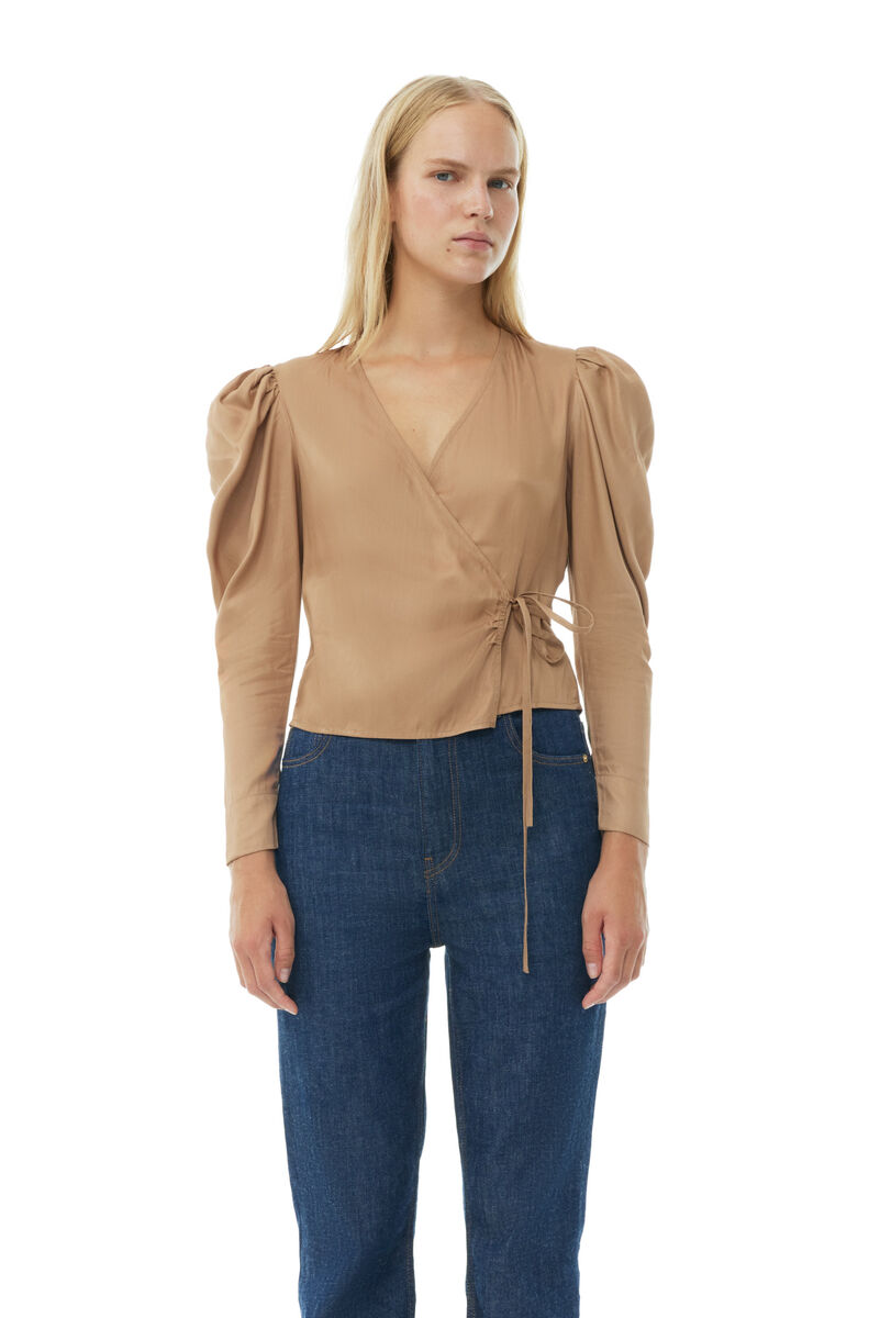 Brown Twill Wrap Blouse, Ecovero Viscose, in colour Tiger's Eye - 1 - GANNI