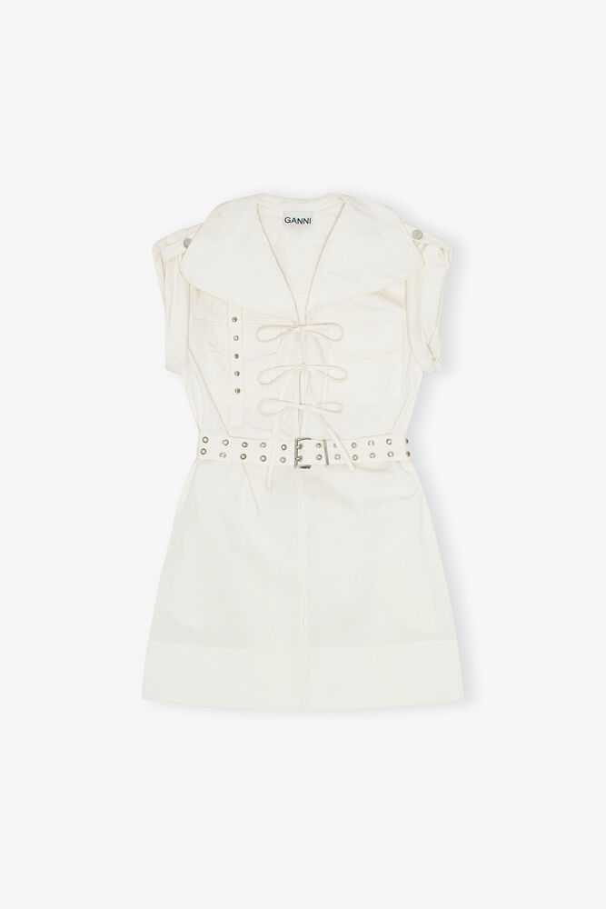 Ivory Stretch Cotton Mini Dress, Egret