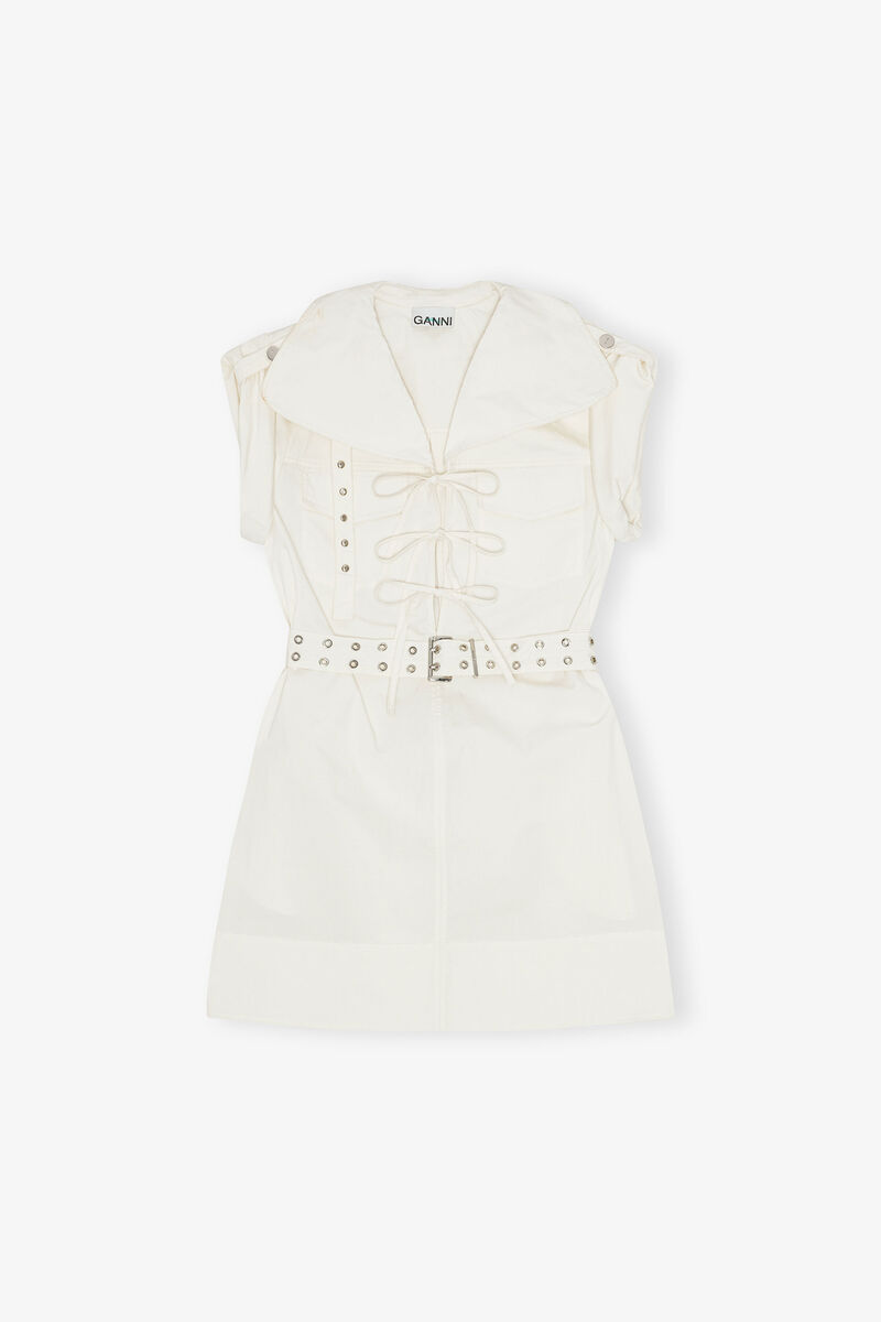 Ivory Stretch Cotton Mini Dress, Organic Cotton, in colour Egret - 1 - GANNI
