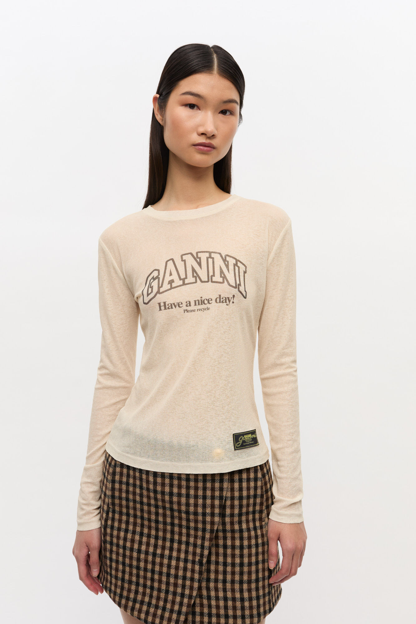 Printed Marl Mesh Long Sleeve Top, Recycled Polyester, in colour Egret - 1 - GANNI