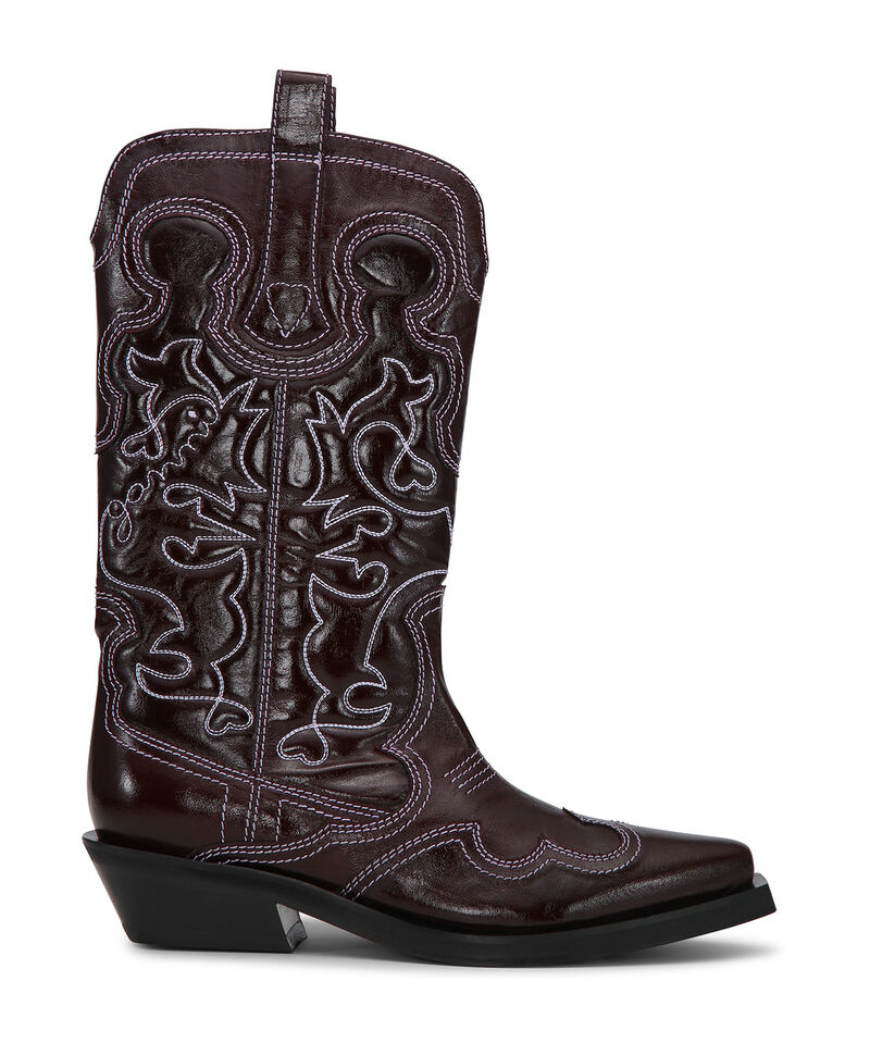 Burgundy Mid Shaft Embroidered Western Boots, Polyester, in colour Burgundy - 1 - GANNI