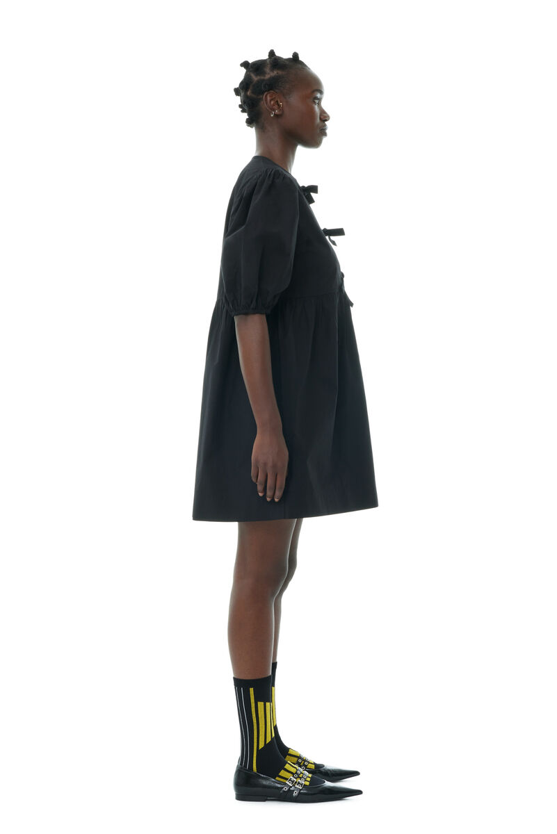 Black Cotton Poplin Tie String Mini Dress, Cotton, in colour Black - 3 - GANNI
