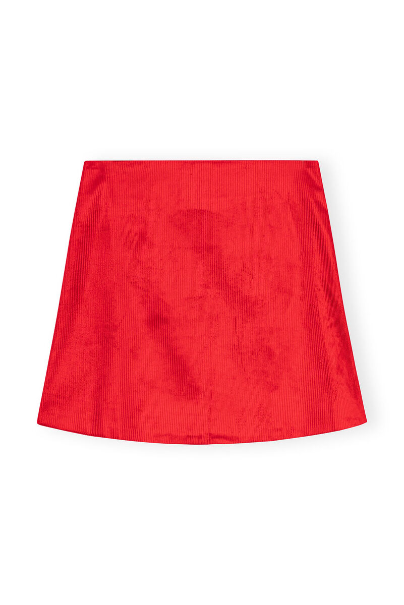 Red Shiny Corduroy Mini Rock, Organic Cotton, in colour High Risk Red - 1 - GANNI