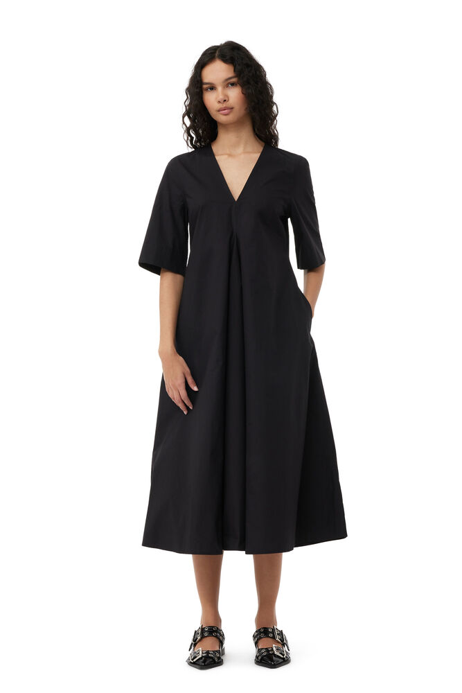 Exclusive Black Cotton Poplin Maxi Dress, Black