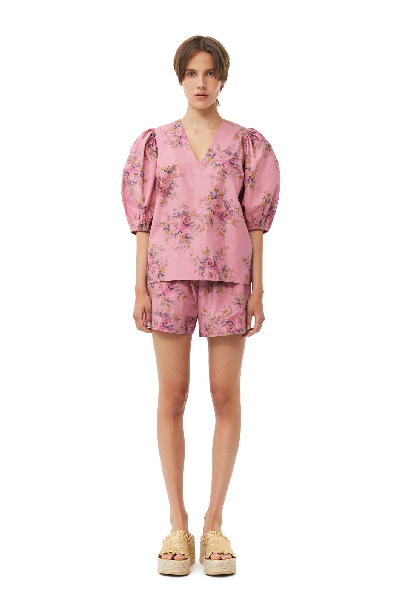 Printed Cotton Elasticated Shorts, Cotton, in colour Orchid Smoke - 1 - GANNI