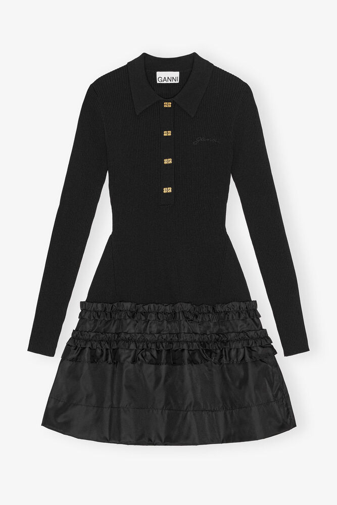 Rib Knit Ruffle Mini Dress, Black