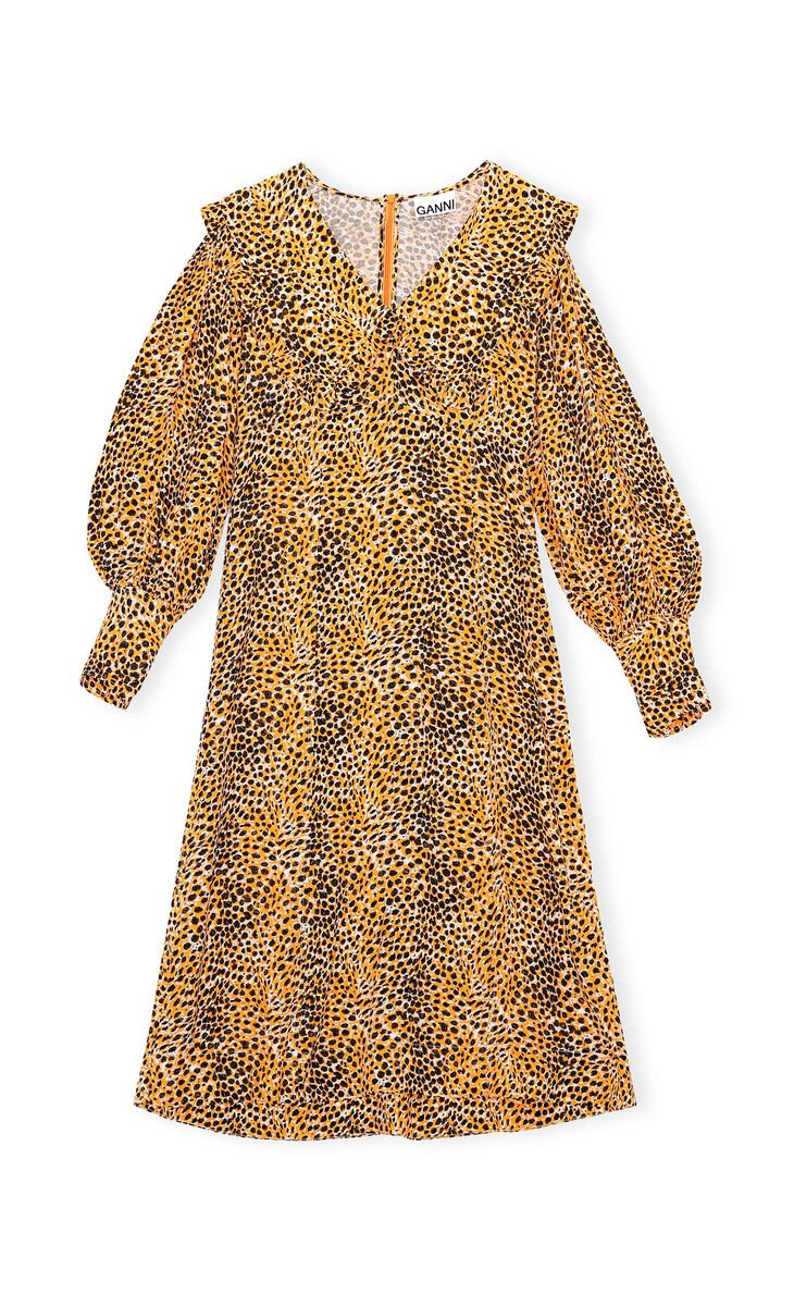 Printed Crepe V-neck Ruffle Collar Dress, LENZING™ ECOVERO™, in colour Bright Marigold - 1 - GANNI