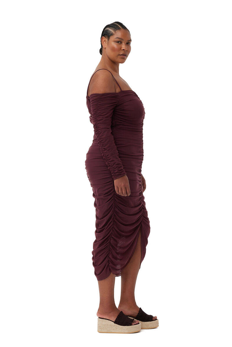 GANNI X ESTER MANAS Mesh Off Shoulder Gather Dress, Recycled Nylon, in colour Port Royale - 3 - GANNI