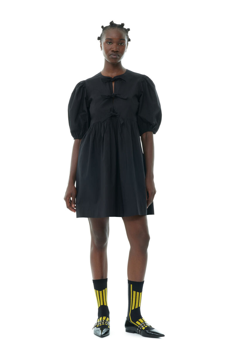 Black Cotton Poplin Tie String Mini Dress, Cotton, in colour Black - 1 - GANNI