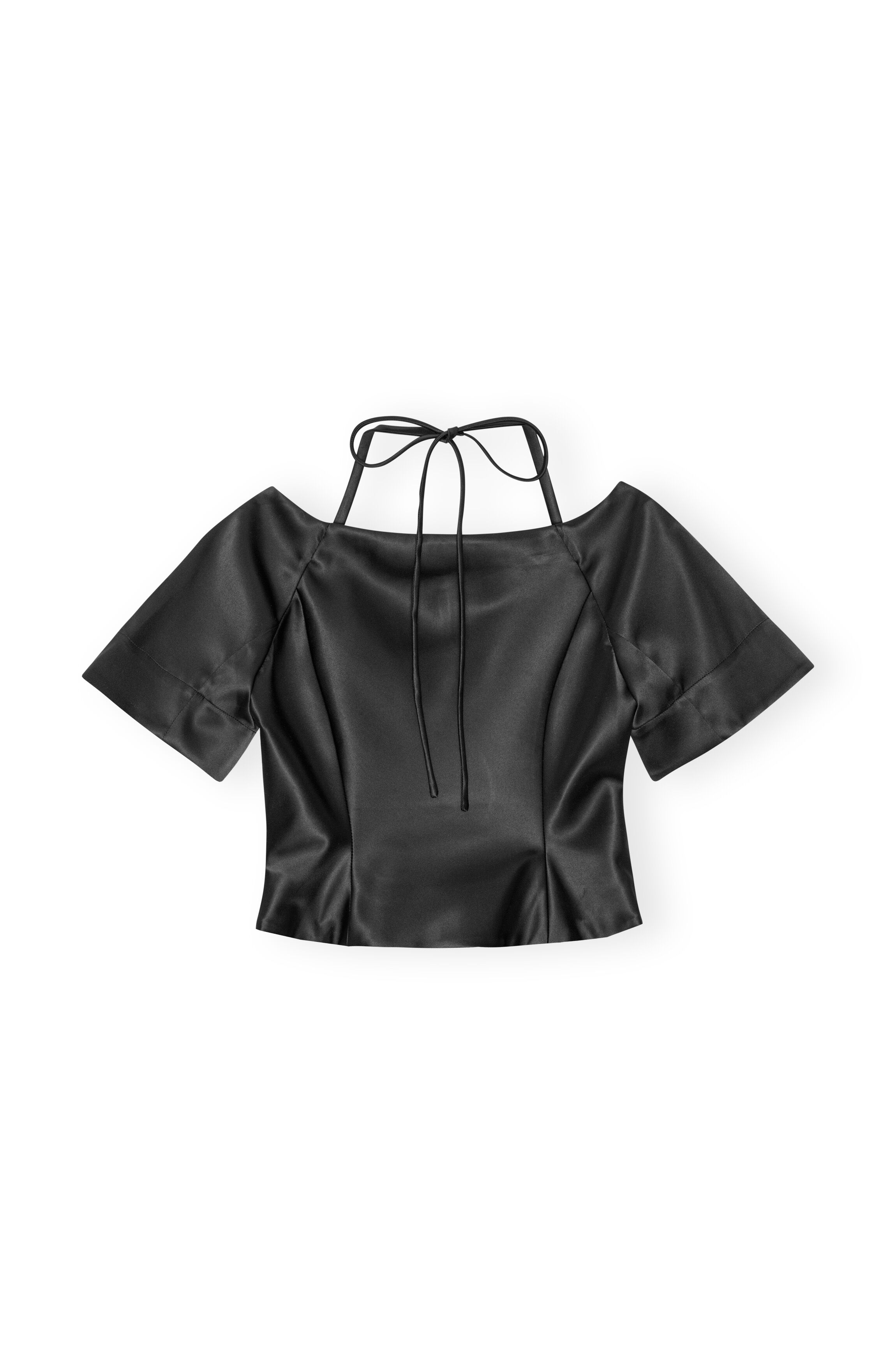 Black Double Satin Fitted Open-neck Blouse