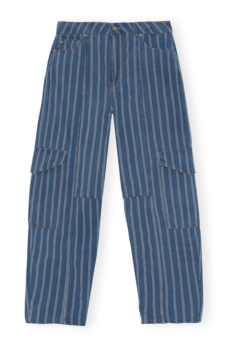 Stripe Denim Cargo Pants, Cotton, in colour Tint Wash - 1 - GANNI