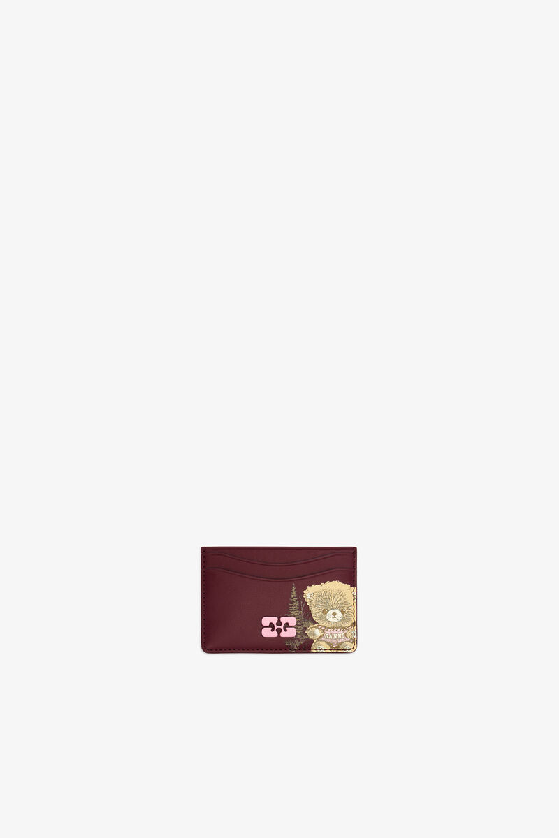 Bou Card Holder with Forest Teddy, Recycled Leather, in colour Burgundy - 1 - GANNI
