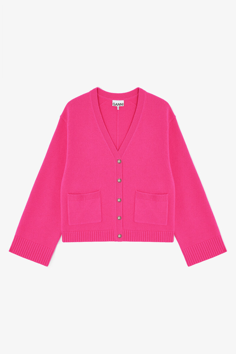 Classic Cardigan in Wool, Wool, in colour Fuchsia Purple - 1 - GANNI