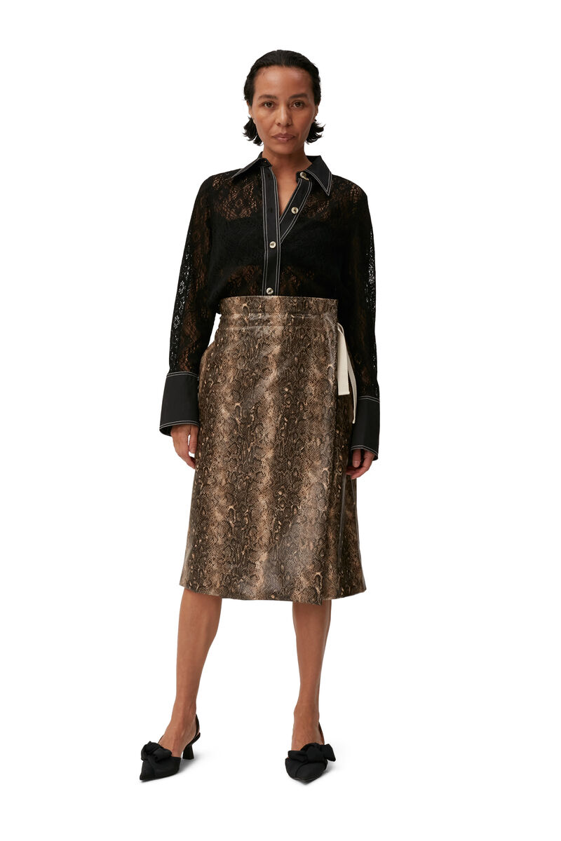 Snake Print Wrap Midi Skirt, PU Leather, in colour Snake Starfish - 1 - GANNI