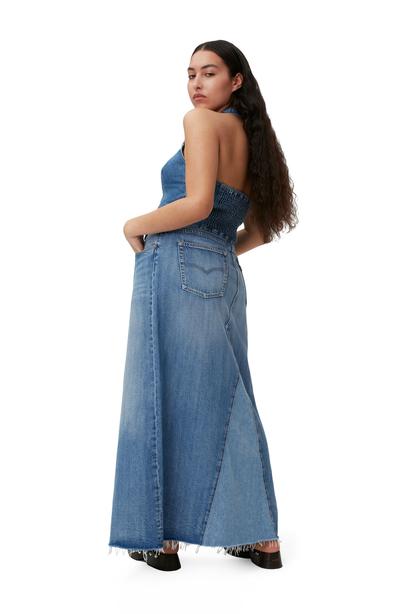Halterneck Top, Cotton, in colour Light Indigo - 2 - GANNI