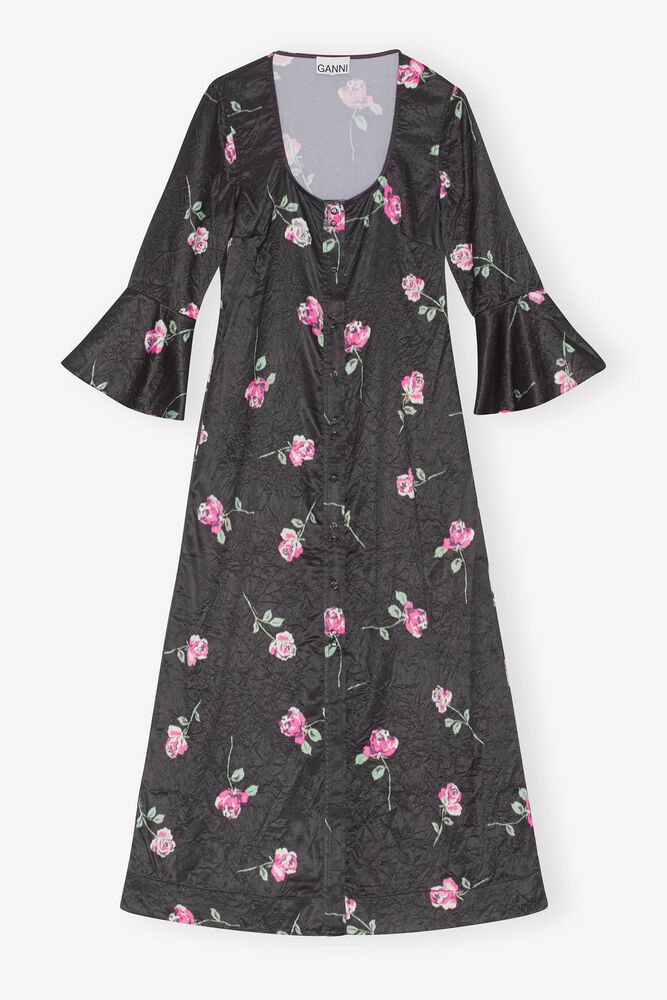 Robe longue en satin froissé, Black