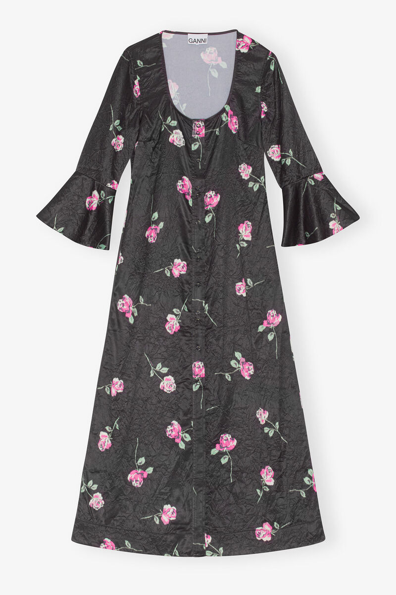 Crinkled Satin Long Kjole, Elastane, in colour Black - 1 - GANNI