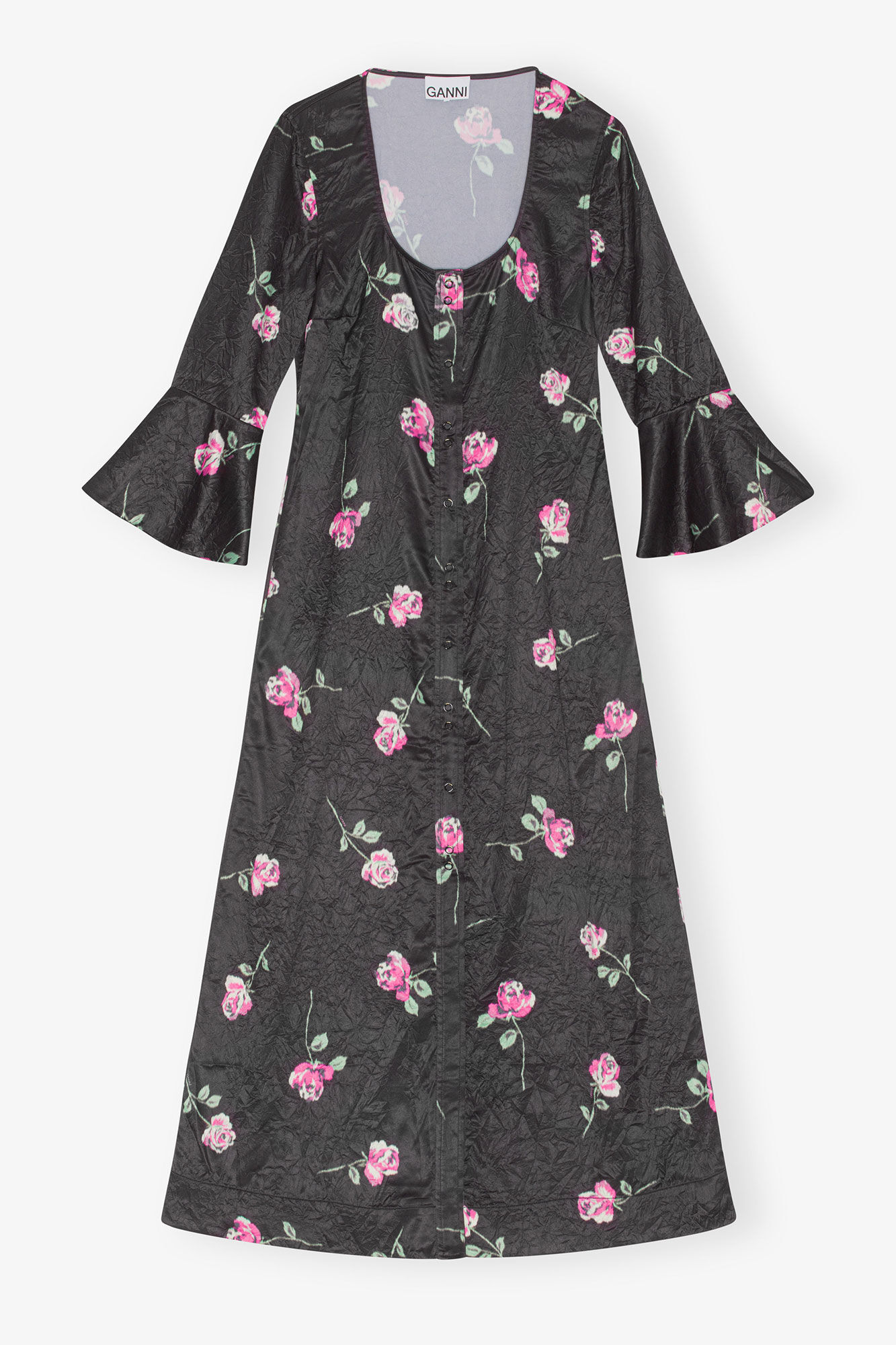 Crinkled Satin Long Dress, Elastane, in colour Black - 1 - GANNI