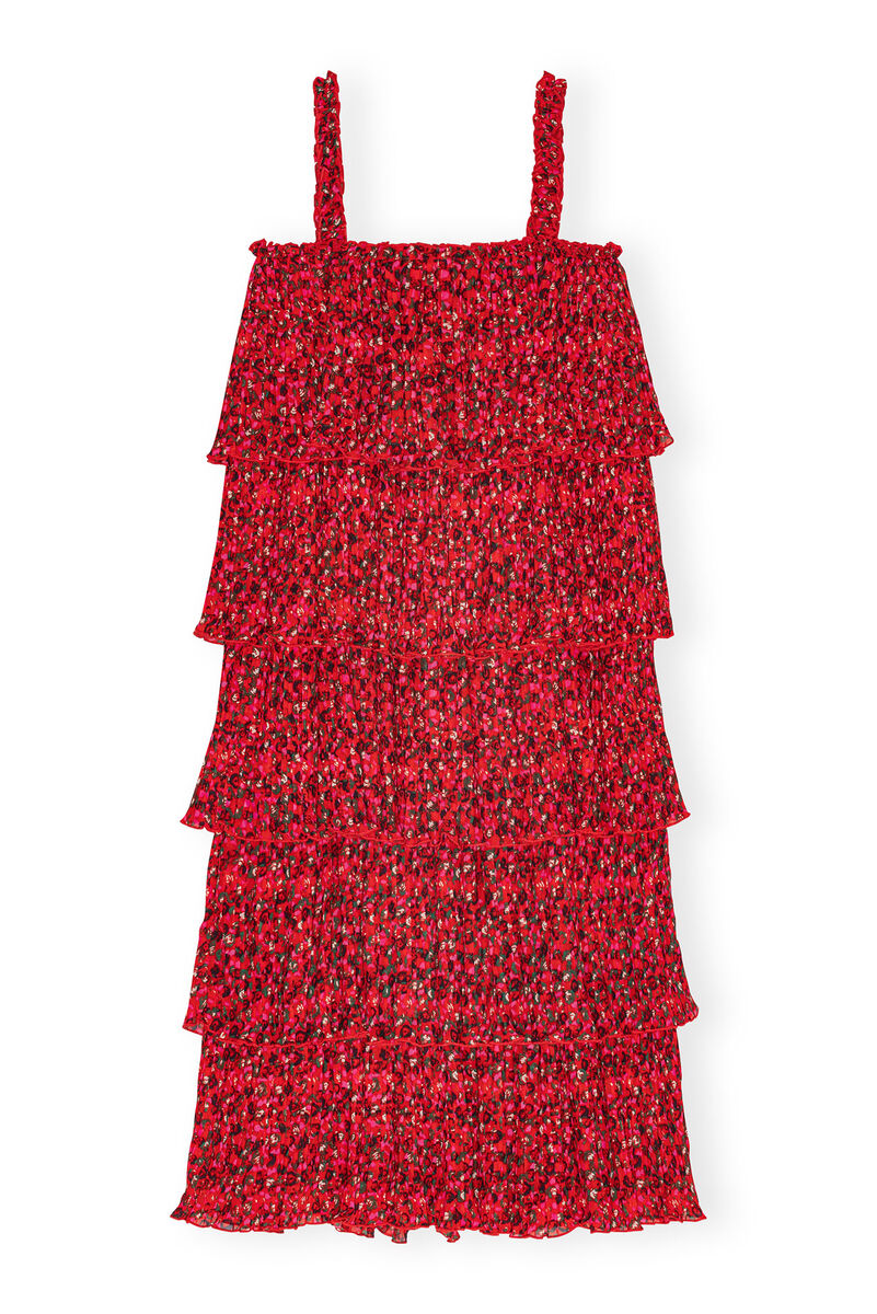 Red Pleated Georgette Flounce Strap Midi-kjole, Recycled Polyester, in colour Racing Red - 1 - GANNI