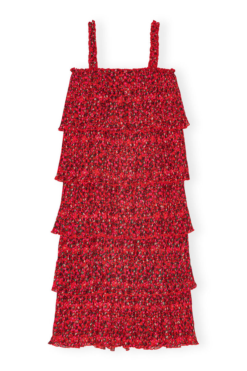 Robe Red Pleated Georgette Flounce Strap Midi, Recycled Polyester, in colour Racing Red - 1 - GANNI