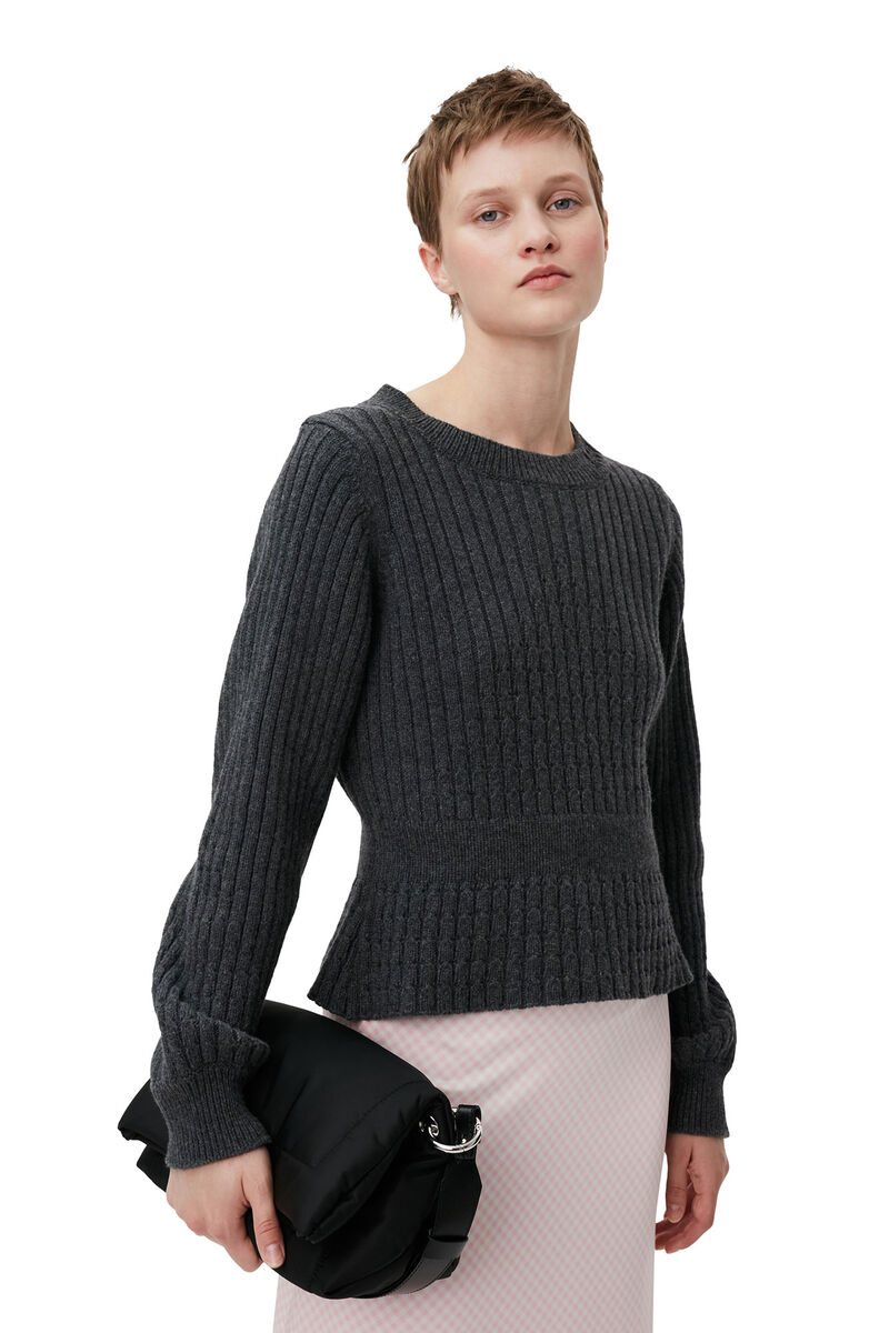 Structured Rib Knit Blouse, Recycled Polyamide, in colour Phantom - 3 - GANNI