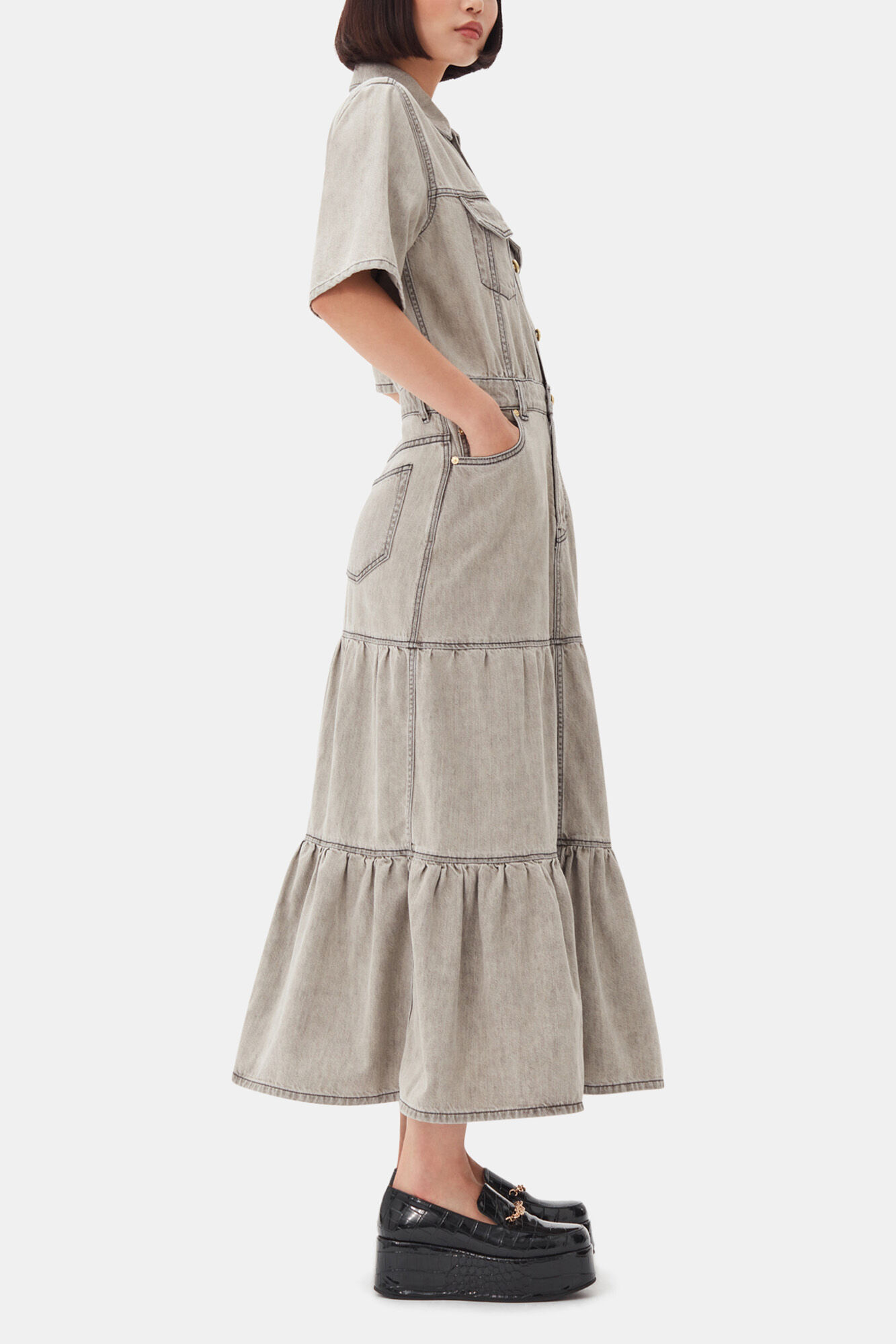 Grey Future Long Denim Dress, Organic Cotton, in colour Gray Quill - 3 - GANNI