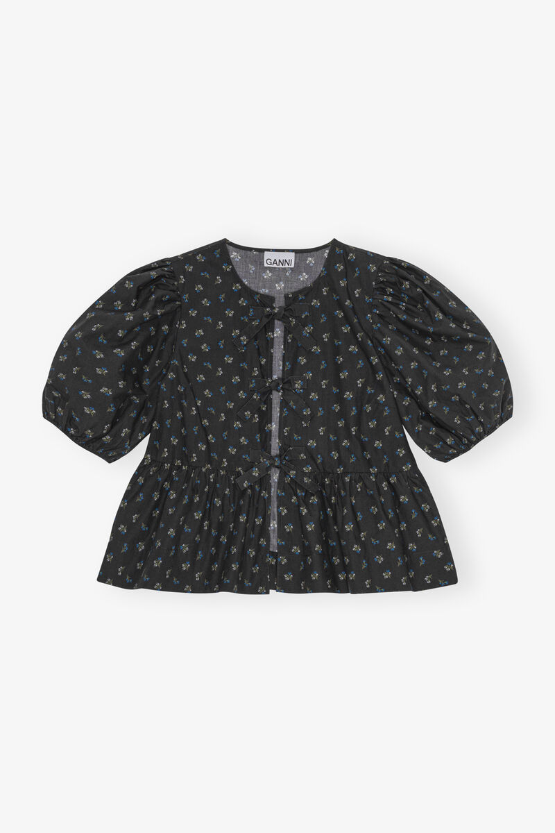 Black Printed Cotton Peplum Blouse, Cotton, in colour Phantom - 1 - GANNI