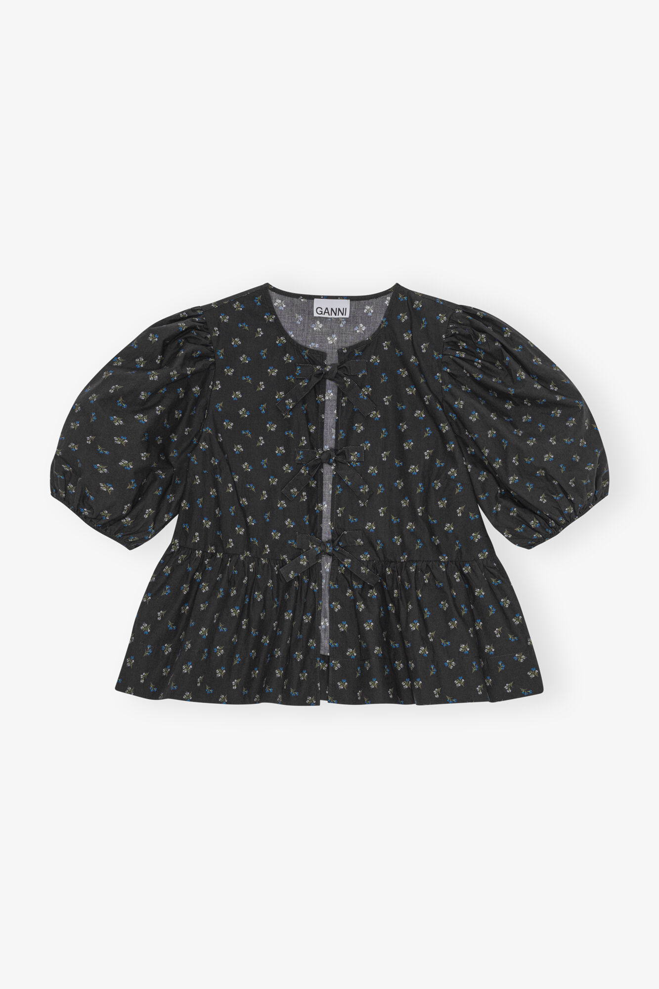 Black Printed Cotton Peplum Blouse, Cotton, in colour Phantom - 1 - GANNI