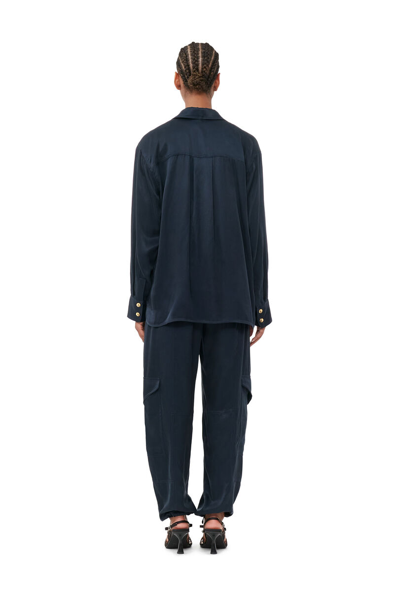 Blue Washed Twill Satin Oversized Shirt, Cupro, in colour Sky Captain - 3 - GANNI