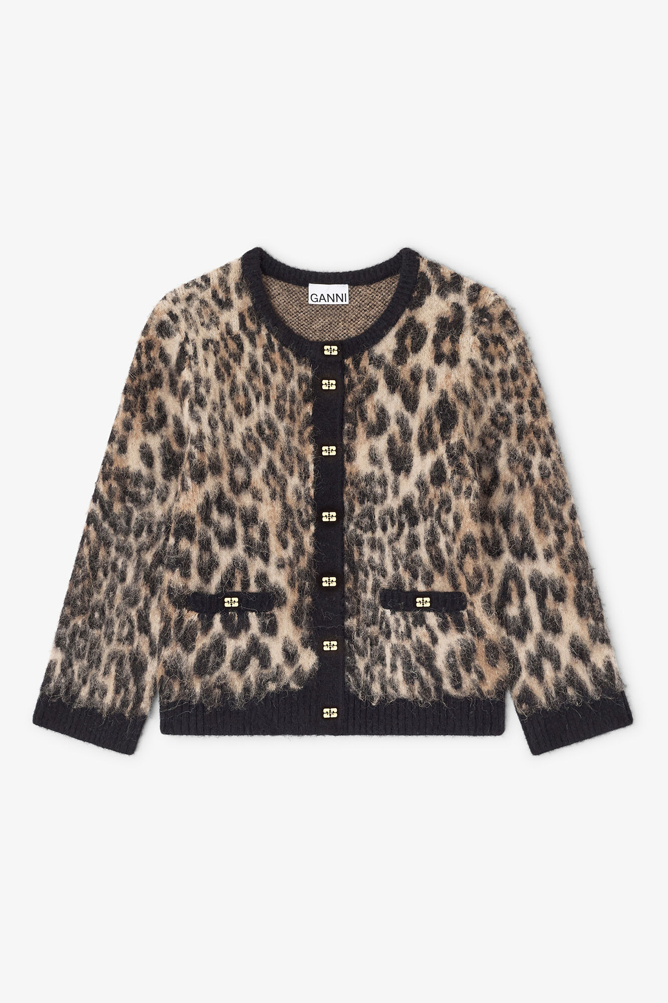 Cardigan l&eacute;opard &agrave; col en V, Alpaca, in colour Leopard - 1 - GANNI