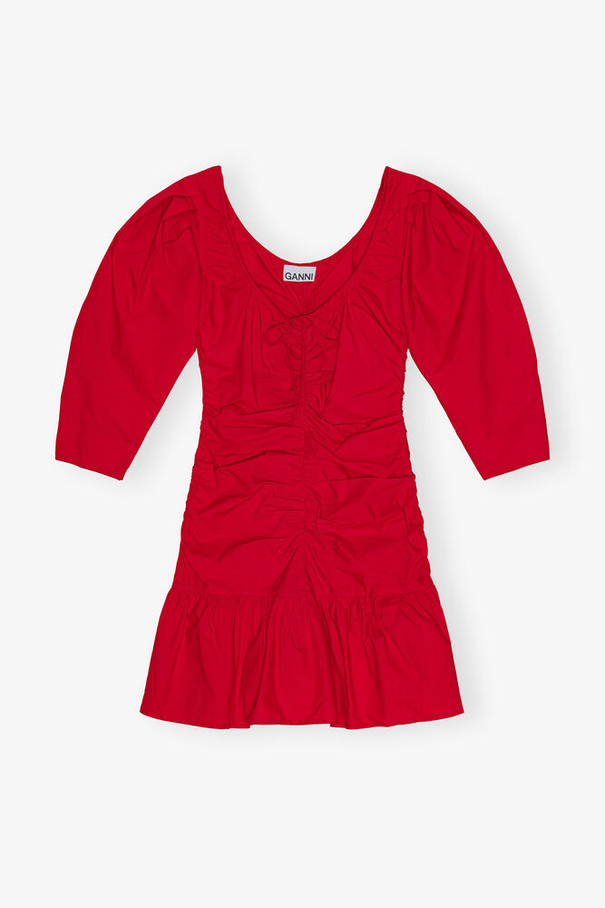 Red Cotton Poplin Gathered U-neck Mini Dress, Racing Red