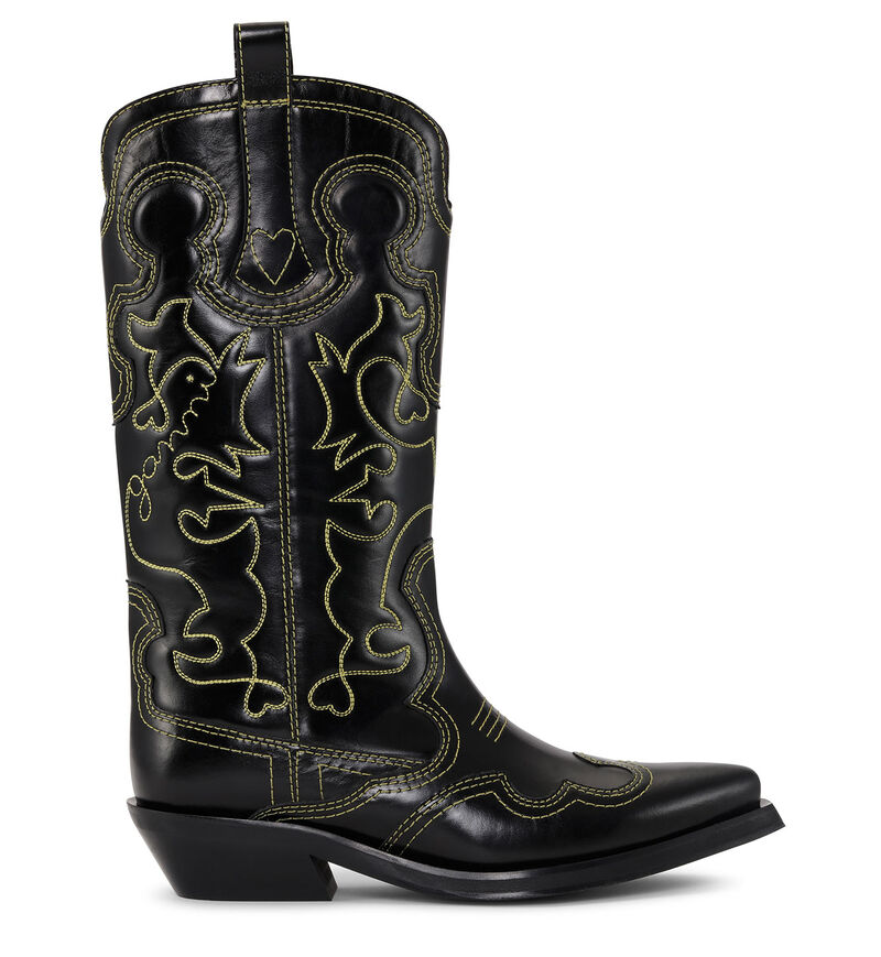 Black/Yellow Mid Shaft Embroidered Western Boots, Calf Leather, in colour Black - 1 - GANNI