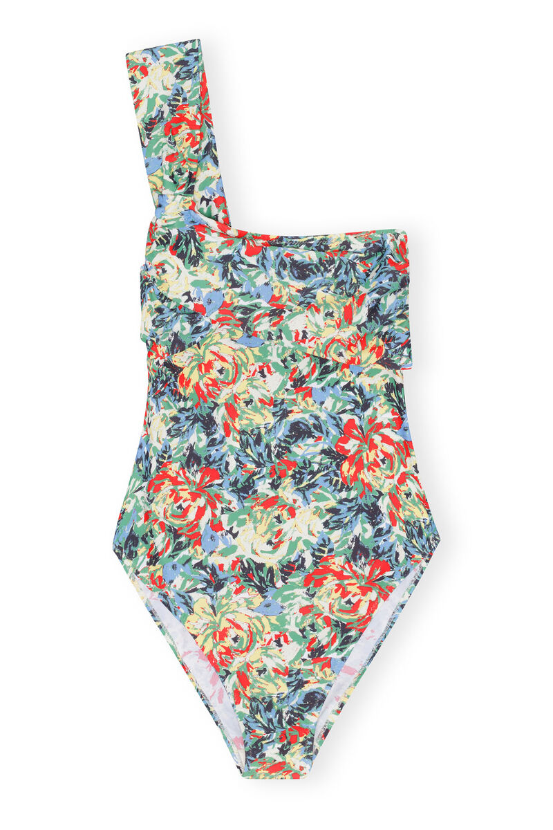 Recycled Printed Gathered Asymmetric Swimsuit, Elastane, in colour Multicolour - 1 - GANNI