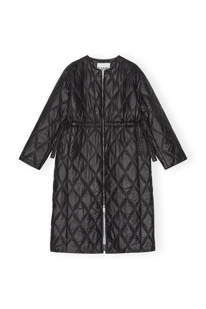 Black Shiny Quilt Long Coat, Black